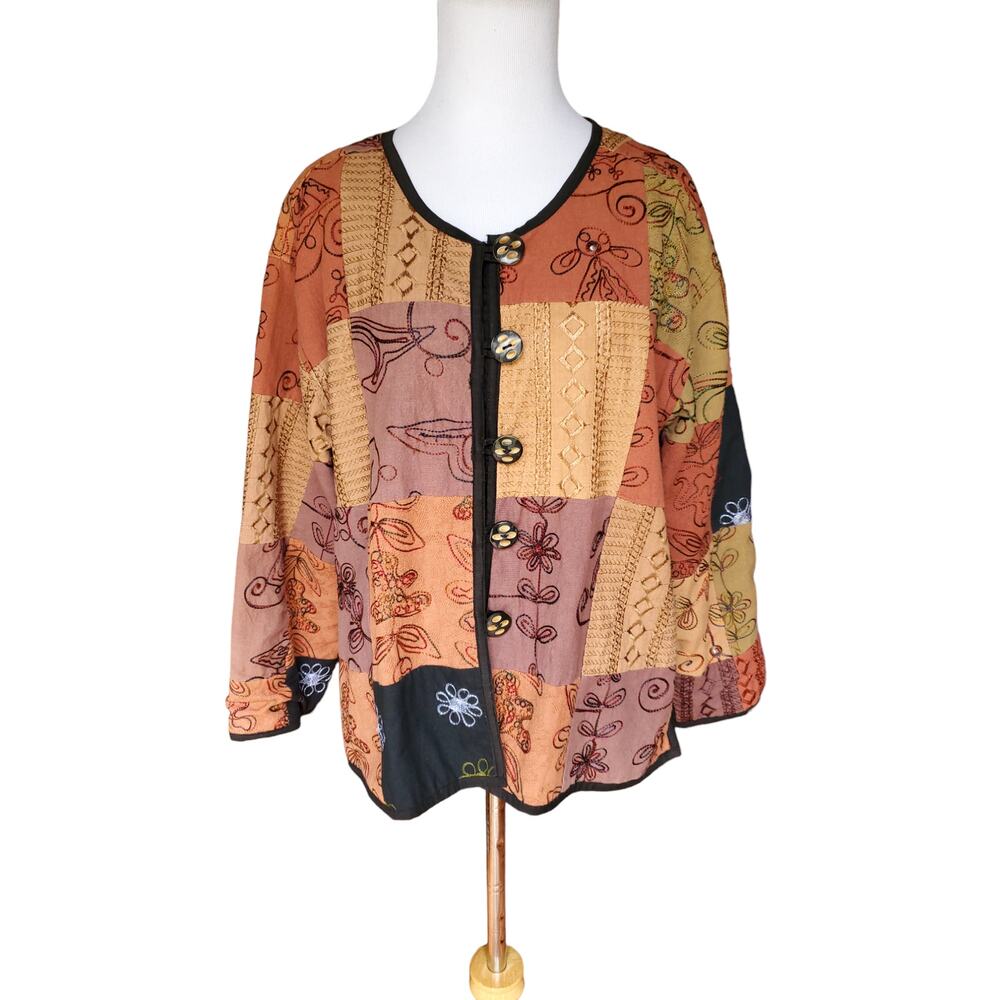 ANU by Natural Embroidered Patchwork Jacket Artsy Boho Art to Wear Sz L